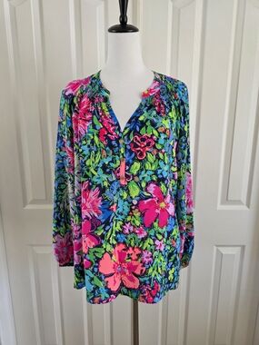 Lilly Pulitzer Elsa 100% Silk Blouse SZ L Bright Floral Resort Tunic Top